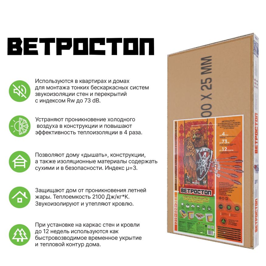Ветрозащитная шумоизоляционная панель ВЕТРОСТОП 2500х600х25 мм с шип-пазом 19 мм купить в Сургуте