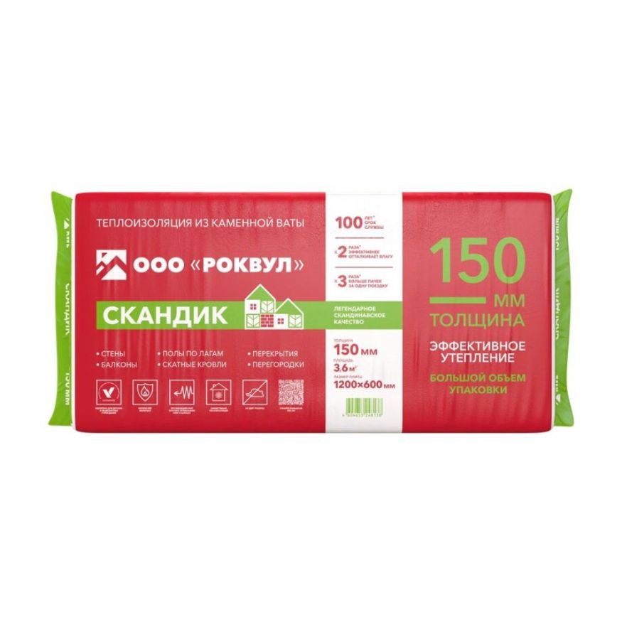 Утеплитель Роквул Скандик XL 150мм, 5 плит, 3.6м2, 600х1200мм, 0.54м3 Rockwool купить в Сургуте