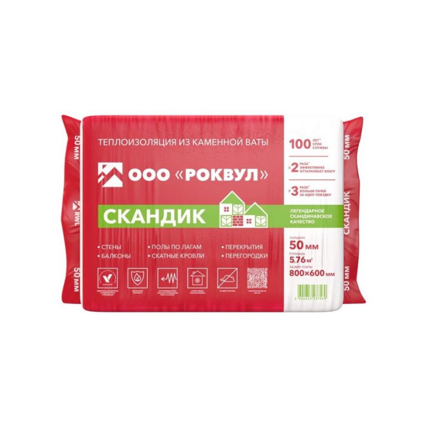 Утеплитель Роквул Скандик 50мм, 12 плит, 5.76м2, 600х800мм, 0.288м3 Rockwool купить в Сургуте