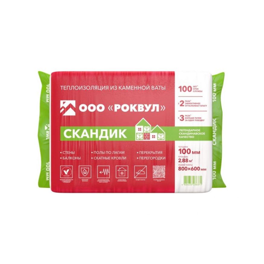 Утеплитель Роквул Скандик 100мм, 6 плит, 2.88м2, 600х800мм, 0.288м3 Rockwool купить в Сургуте