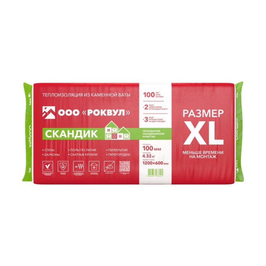 Утеплитель Роквул Скандик XL 100мм, 6 плит, 4.32м2, 600х1200мм, 0.432м3 Rockwool купить в Сургуте